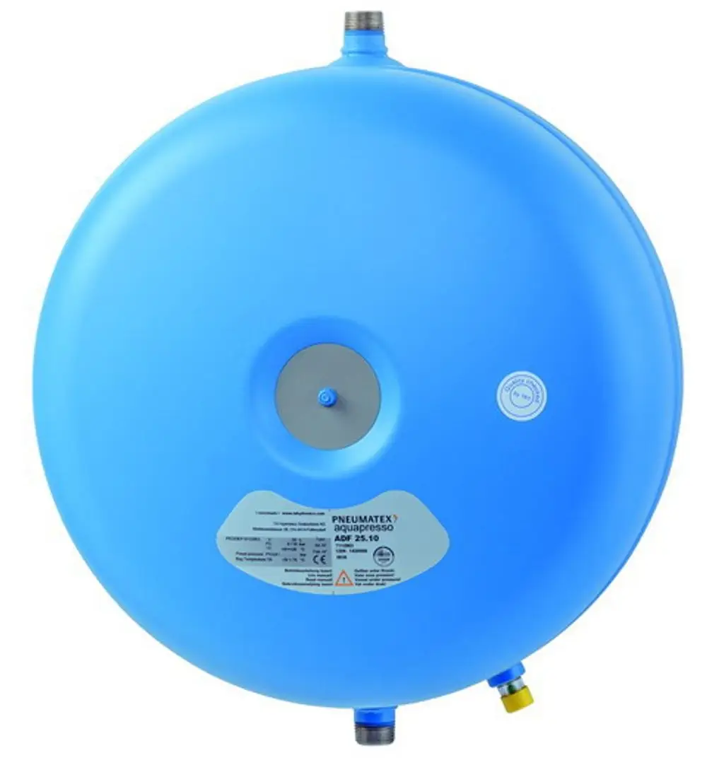 Blaues Druckausdehnungsgefäß mit zwei Anschlüssen. Auf der Vorderseite befindet sich ein graues Ventil. Das Produkt gehört zur Marke IMI Hydronic Engineering.